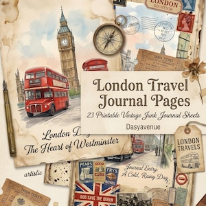 May include: A collection of vintage-style London travel journal pages. The pages feature illustrations of Big Ben, red double-decker buses, and other London landmarks. Includes compasses, tickets, and the text "London Travel Journal Pages".