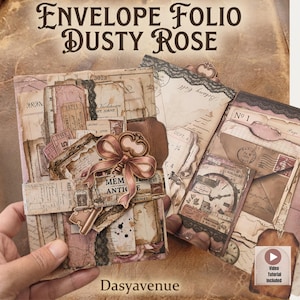 Puede incluir: Un folio sobre en color rosa empolvado con capas de papel estilo vintage, efímera y un adorno decorativo en forma de llave con lazo. El diseño incluye esferas de reloj impresas, sellos postales y texto como MEMORIES ANTIQUE y No 1.