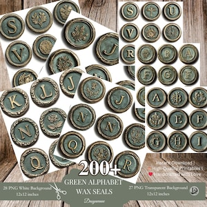 Alfabeto PNG con sellos de cera vintage, sellos de cera con letras verdes, sellos digitales para diarios basura, álbumes de recortes, efímeras, fabricación de tarjetas, manualidades de bricolaje