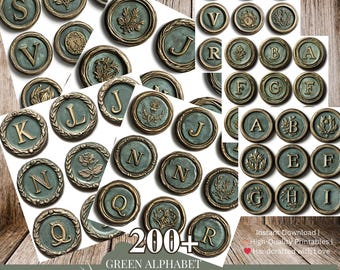 Vintage Wax Seal PNG Alphabet, Green Letter Wax Stamps, Digital Seals for Junk Journals, Scrapbooking, Ephemera, Card Making, DIY Crafts