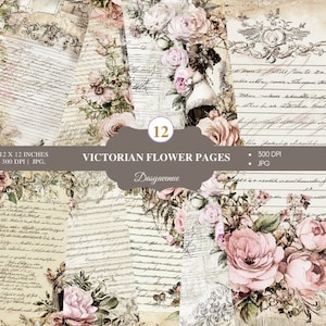 Victoriaans digitaal papier – Vintage Floral Junk Journal, Shabby Chic Ephemera, Afdrukbaar romantisch plakboek, Oud papiertextuur