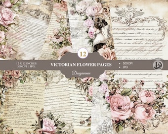 Victorian Digital Paper – Vintage Floral Junk Journal , Shabby Chic Ephemera, Romantic Scrapbook Printable, Old Paper Texture