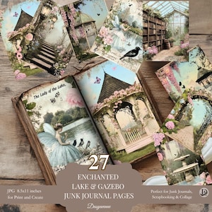 Pages de carnet de bord du lac enchanté et du belvédère – jardin féerique vintage, éphémères imprimables, ensemble de scrapbooking, collage papier numérique