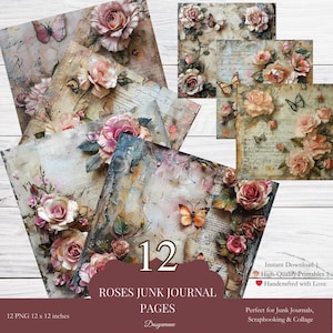 12 vintage bloemen rozendagboekpagina's, Junk Journal Kit, decoupagepapier, collagevel, plakboekpapier, mixed media, digitale papierkunst |