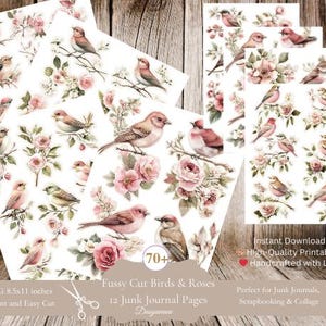 Pássaros e rosas vintage com cortes delicados, Cottagecore para impressão, papel de colagem floral rosa, adesivo digital para impressão de scrapbooking