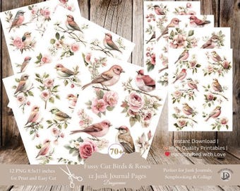 Vintage Fussy Cut Birds and Roses Ephemera, Cottagecore Printable, Pink Floral Collage Paper, Scrapbooking Printable Digital Sticker