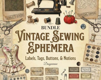 Vintage Sewing Ephemera Bundle for Junk Journal, Antique Sewing Labels, Patterns, Notions, Tags & Collage Elements