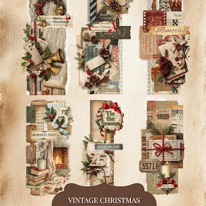 May include: A collage of vintage Christmas-themed elements. The design includes torn paper backgrounds, wreaths, bells, and tags with text like "Merry Christmas" and "Memories." The color palette features warm tones with accents of red and green.
