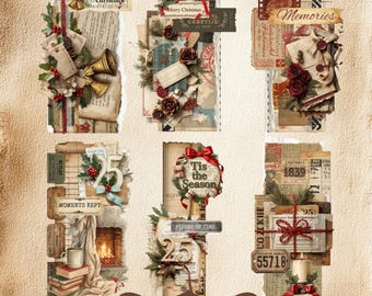 Vintage Christmas Collage Ephemera Set | Printable Clusters, Tags, Labels, Frames  | Junk Journal Pages with Christmas Clusters Set
