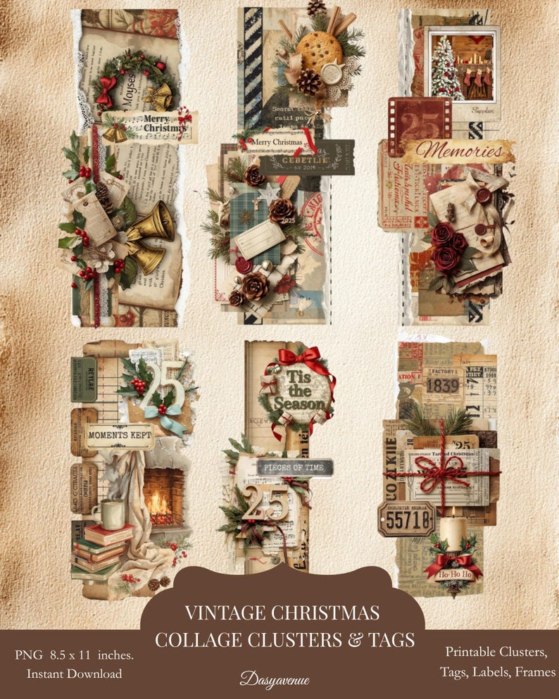 May include: A collage of vintage Christmas-themed elements. The design includes torn paper backgrounds, wreaths, bells, and tags with text like "Merry Christmas" and "Memories." The color palette features warm tones with accents of red and green.