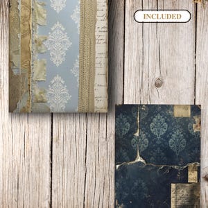 May include: A collage of vintage paper elements, including a light blue patterned paper with white damask designs, torn edges, and lace trim. The word "INCLUDED" is in a white oval. The background is weathered wood.
