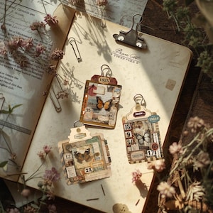 Puede incluir: Tres etiquetas de papel de estilo vintage con dise&ntilde;os de mariposas y n&uacute;meros, sujetas a una tabla con pinza. Las etiquetas presentan papel en capas, sellos y el texto "1925", "DREAM" y "SHORING". La tabla con pinza tiene un clip met&aacute;lico y est&aacute; rodeada de flores secas.
