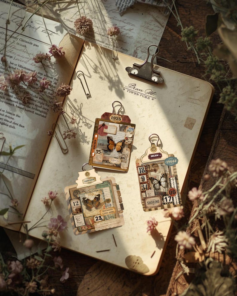 Puede incluir: Tres etiquetas de papel de estilo vintage con dise&ntilde;os de mariposas y n&uacute;meros, sujetas a una tabla con pinza. Las etiquetas presentan papel en capas, sellos y el texto "1925", "DREAM" y "SHORING". La tabla con pinza tiene un clip met&aacute;lico y est&aacute; rodeada de flores secas.