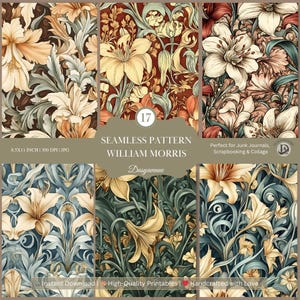 William Morris nahtlose Muster | Vintage Blumen Digitales Papier | Junk Journal Hintergründe | Ästhetische Journal Seiten | Digitales Blumenpapier