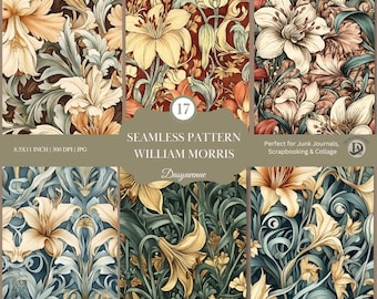 William Morris Seamless Patterns | Vintage Floral Digital Paper | Junk Journal Backgrounds | Aesthetic Journal Pages| Digital Floral Paper