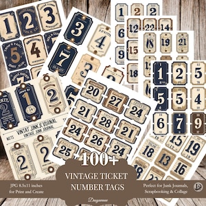 100+ vintage ticketnummertags | Afdrukbaar junkjournaal kortstondig | Retro nummerlabels voor collage, scrapbooking, gemengde techniek