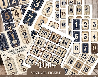 100+ Vintage Ticket Number Tags | Printable Junk Journal Ephemera | Retro Number Labels for Collage, Scrapbooking ,  Mixed Media