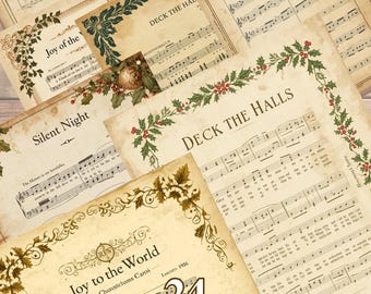 Vintage Christmas Carol Music Sheets for Junk Journal | 24 Printable Antique Song Pages |  Scrapbook Paper,  Holiday Ephemera Backgrounds