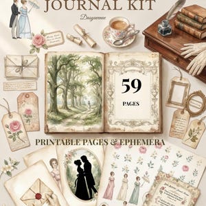 Puede incluir: Un kit de diario de Jane Austen con páginas imprimibles y efímeras. El kit incluye un diario con 59 páginas, etiquetas e ilustraciones de parejas y mujeres con trajes de época. El kit también presenta una taza de té, una pluma y una pila de libros.
