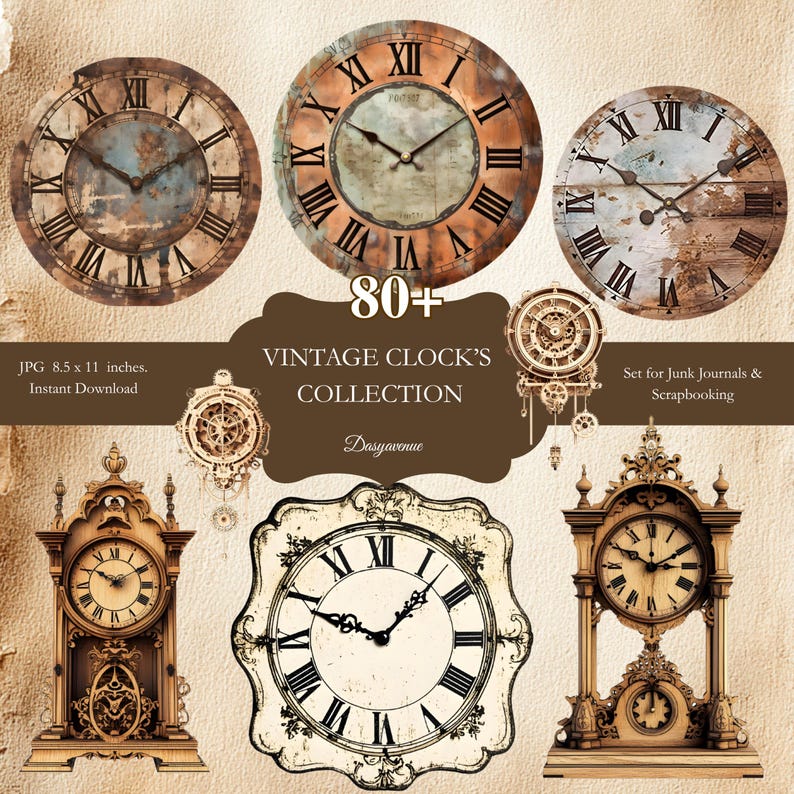80+ Vintage Clock Face PNGs for Junk Journals, Steampunk Scrapbooking & Printable Ephemera Collage Sheets image 1