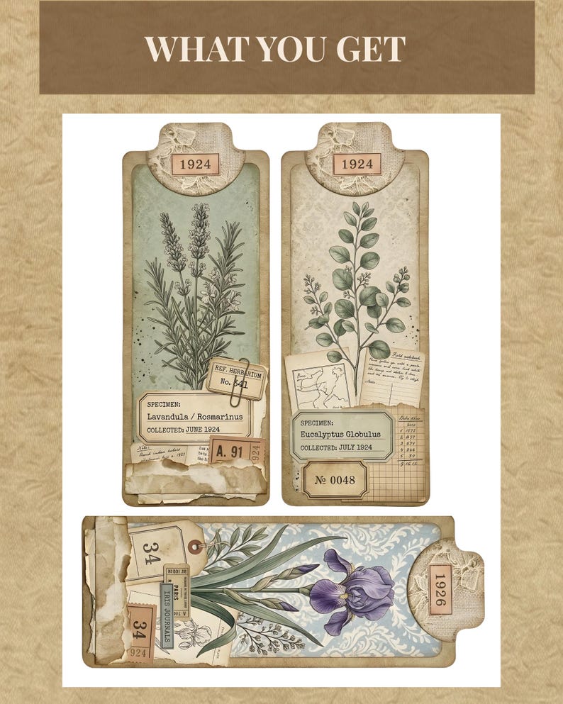 Vintage Botanical Tall Tags, Printable Junk Journal Tags, Floral ...