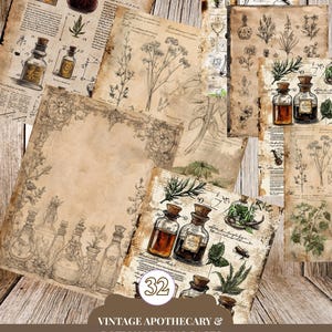 May include: A collection of vintage apothecary and potion journal pages. The pages feature illustrations of bottles, herbs, and botanical drawings. The text on the pages reads "Vintage Apothecary & Potion Journal Pages" and "32". The pages are 8.5x11 inches.