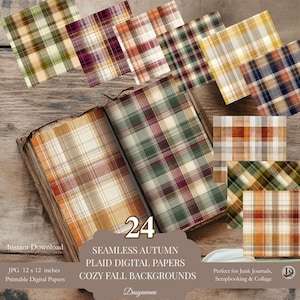 Peut inclure: Un livre ouvert et plusieurs feuilles de papiers numériques à carreaux aux couleurs automnales, dont du vert, du bordeaux et de l'or. Le texte indique "24 Papiers Numériques à Carreaux d'Automne Sans Couture, Fonds d'Automne Cosy". Les papiers mesurent 30,48 x 30,48 cm.
