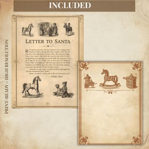 May include: Vintage-style print featuring illustrations of antique toys and a page titled "Letter to Santa." The design includes a rocking horse, a toy cart, and a decorative border, perfect for holiday-themed crafts.