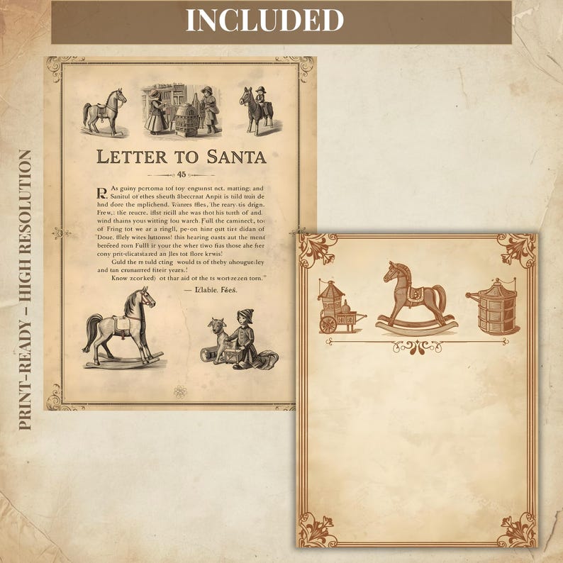 May include: Vintage-style print featuring illustrations of antique toys and a page titled "Letter to Santa." The design includes a rocking horse, a toy cart, and a decorative border, perfect for holiday-themed crafts.