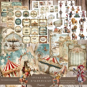 Kit de diario basura de circo vintage: material efímero imprimible, entradas para payasos, carrusel, espectáculo de magia, álbumes de recortes y collages, descarga instantánea