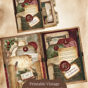 May include: Printable vintage Christmas folio with a layered design featuring aged paper, musical notes, and decorative elements. The folio includes pockets, tags, and a wax seal with the text "Fragments of December". The image also includes the text "JPG 11 x 8.5 inches."