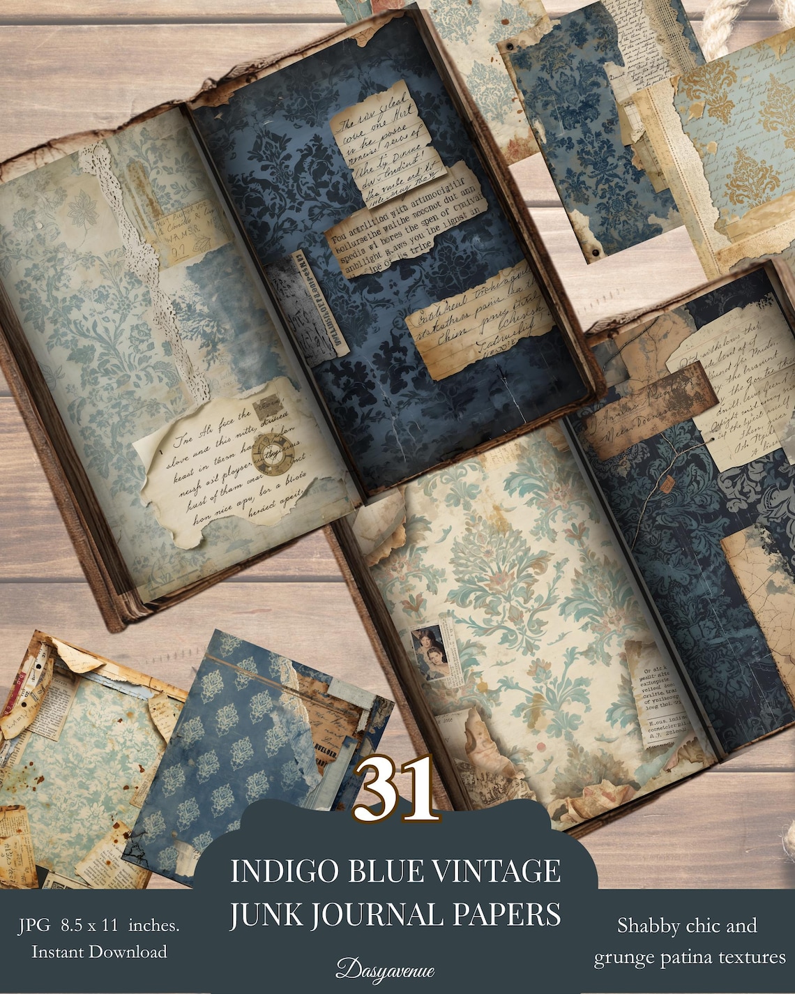 Blue Vintage Junk Journal Pack – Indigo Damask Digital Papers ...