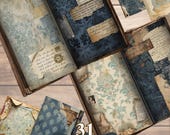 Blue Vintage Junk Journal Pack – Indigo Damask Digital Papers, Distressed Grunge Shabby Chic Ephemera, Printable Scrapbook Collage Sheets