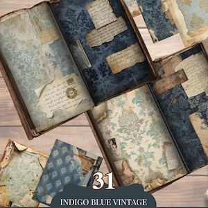 May include: Indigo blue vintage junk journal papers with shabby chic and grunge patina textures. The image shows open journals and loose papers with floral patterns and aged paper textures. The text on the image reads "31 Indigo Blue Vintage Junk Journal Papers" and "JPG 8.5 x 11 inches."