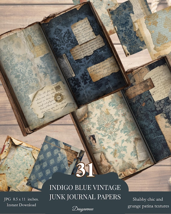 Blue Vintage Junk Journal Pack – Indigo Damask Digital Papers, Distressed Grunge Shabby Chic Ephemera, Printable Scrapbook Collage Sheets