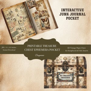 Printable Treasure Chest Ephemera Pocket – Interactive Junk Journal Pocket, 3D Vintage Paper Chest, Folio Insert & Scrapbook Decor