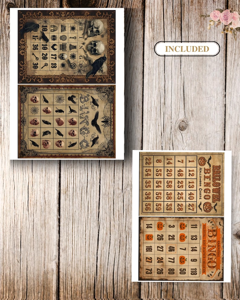 Puede incluir: Un conjunto de cuatro tarjetas de bingo de Halloween rectangulares con gr&aacute;ficos de estilo vintage. Los dise&ntilde;os incluyen ilustraciones de calaveras, cuervos, ara&ntilde;as y calabazas, con el texto BINGO, HALLOWEEN CARDS y CARNIVAL HALLOWEEN BENT BEAFOR CHILLIKIDS.