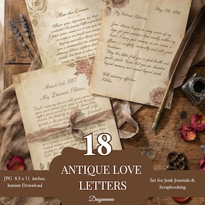 Può includere: Una collezione di 18 lettere d'amore antiche con decorazioni floreali, disposte su una superficie di legno rustico. Le lettere manoscritte sono accompagnate da una penna, un calamaio e fiori secchi. Le lettere misurano 21,59 cm x 27,94 cm.