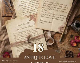 May include: A collection of 18 antique love letters with floral accents, displayed on a rustic wooden surface. The letters feature handwritten text and are accompanied by a quill, inkwell, and dried flowers. The letters are 8.5 x 11 inches.
