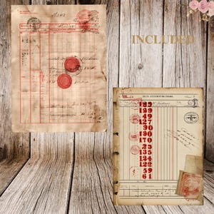 May include: Two vintage ledger pages with red grid lines, stamps, and handwritten notes. The pages have a worn, aged appearance, suggesting historical use. One page has a large red seal. The word "INCLUDED" is printed in gold.