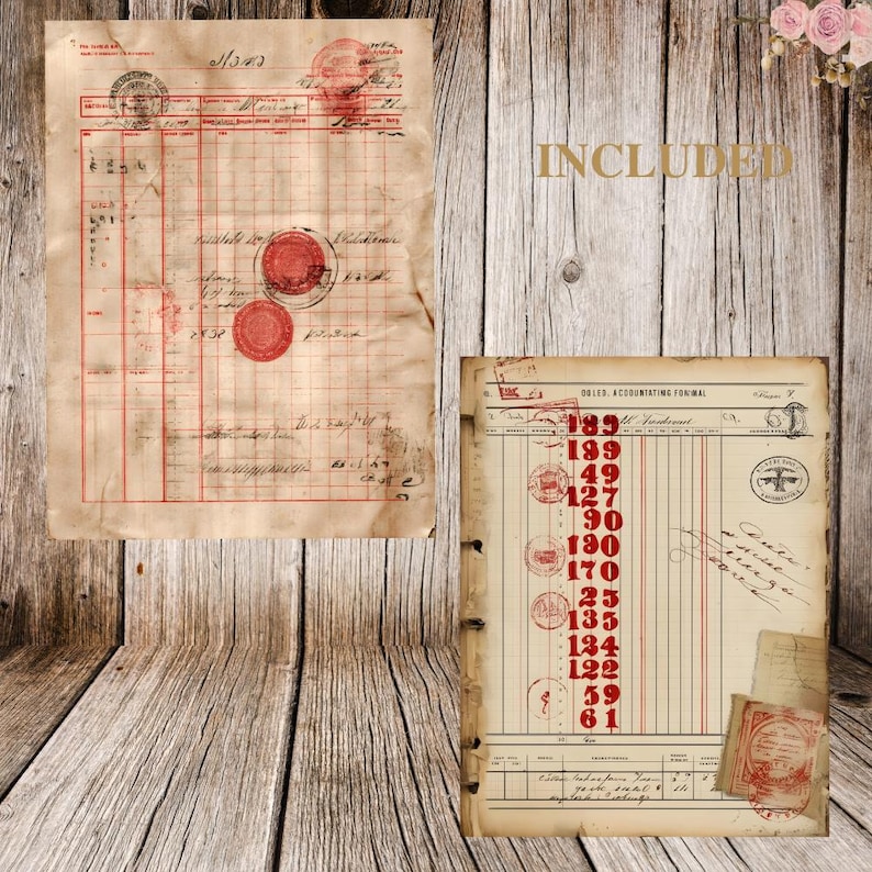 May include: Two vintage ledger pages with red grid lines, stamps, and handwritten notes. The pages have a worn, aged appearance, suggesting historical use. One page has a large red seal. The word "INCLUDED" is printed in gold.