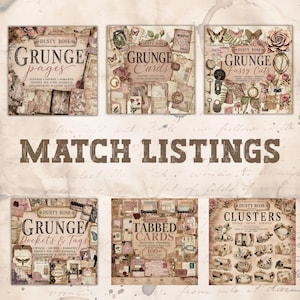 May include: Six square digital paper sets titled Dusty Rose featuring vintage-style graphics, including Grunge Pages, Grunge Cards, Grunge Fussy Cuts, Grunge Pockets & Tags, Tabbed Cards, and Clusters, all displayed against a light beige background.