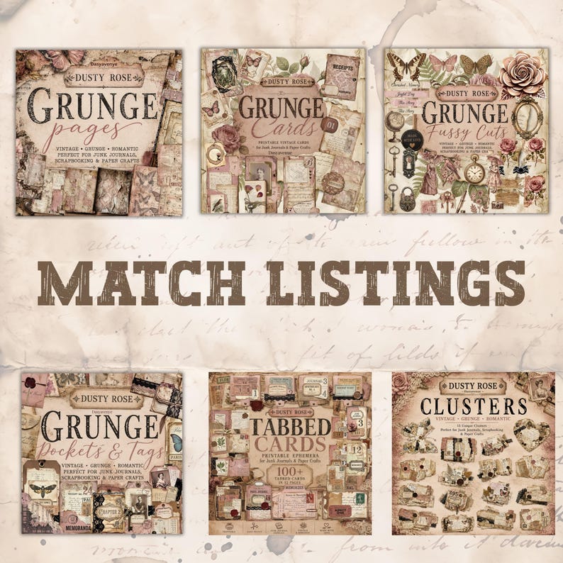 May include: Six square digital paper sets titled Dusty Rose featuring vintage-style graphics, including Grunge Pages, Grunge Cards, Grunge Fussy Cuts, Grunge Pockets & Tags, Tabbed Cards, and Clusters, all displayed against a light beige background.