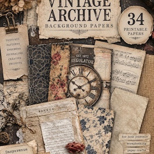 Peut inclure: Un ensemble de 34 papiers imprimables intitulés Vintage Archive Background Papers. La collection comprend diverses textures vieillies, des motifs floraux, des partitions musicales, des cadrans d'horloge et des écritures manuscrites.