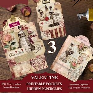 May include: Valentine printable pockets with hidden paperclips. The design features vintage illustrations of women, roses, and love-themed text. The image includes the text "SPRINT. CUT. ASSEMBLE" and "VALENTINE PRINTABLE POCKETS HIDDEN PAPERCLIPS".