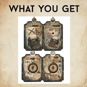 May include: Four rectangular decorative tags featuring vintage-style illustrations. Two tags display typewriters, butterflies, and pens. Two tags feature compasses, dragonflies, and maps. Text includes WHAT YOU GET, LITERARY PURSUITS, THE WRITTEN WORD, JOURNEY WONDER, and ADVENTURE AWAITS.