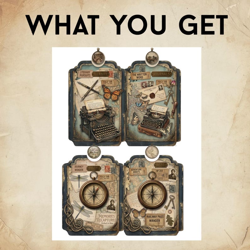 May include: Four rectangular decorative tags featuring vintage-style illustrations. Two tags display typewriters, butterflies, and pens. Two tags feature compasses, dragonflies, and maps. Text includes WHAT YOU GET, LITERARY PURSUITS, THE WRITTEN WORD, JOURNEY WONDER, and ADVENTURE AWAITS.