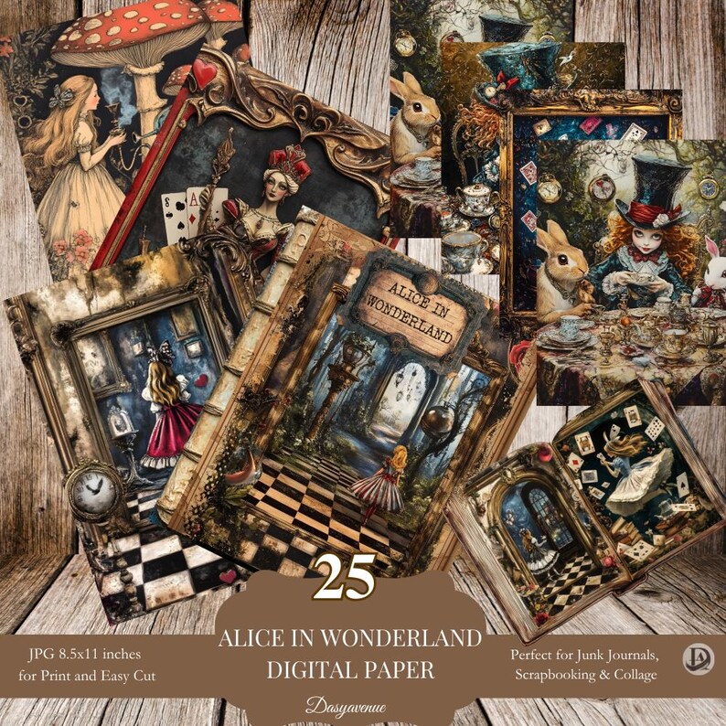 25 Vintage Alice in Wonderland Junk Journal Pages, Digital Download ...
