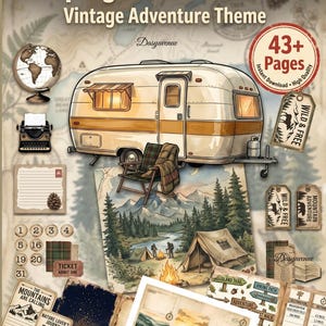 Op de afbeelding: Een vintage junk journal kit met een kampeeravontuurthema. De afbeelding toont een retro camper, kampeerscènes, journaalpagina's, tags en de tekst "Camping Junk Journal KIT" en "Vintage Adventure Theme". Bevat 43+ pagina's.