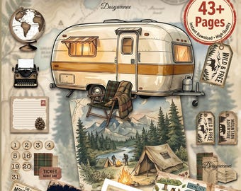 May include: A vintage-themed junk journal kit with a camping adventure theme. The image features a retro camper, camping scenes, journal pages, tags, and the text "Camping Junk Journal KIT" and "Vintage Adventure Theme". Includes 43+ pages.